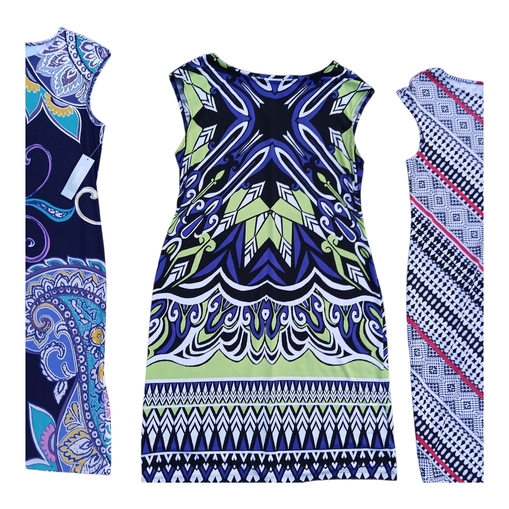 5 Chico’s Dress Sleeveless Slinky Midi Short Iona Casual Allover Print Vibrant 1 - Picture 7 of 16